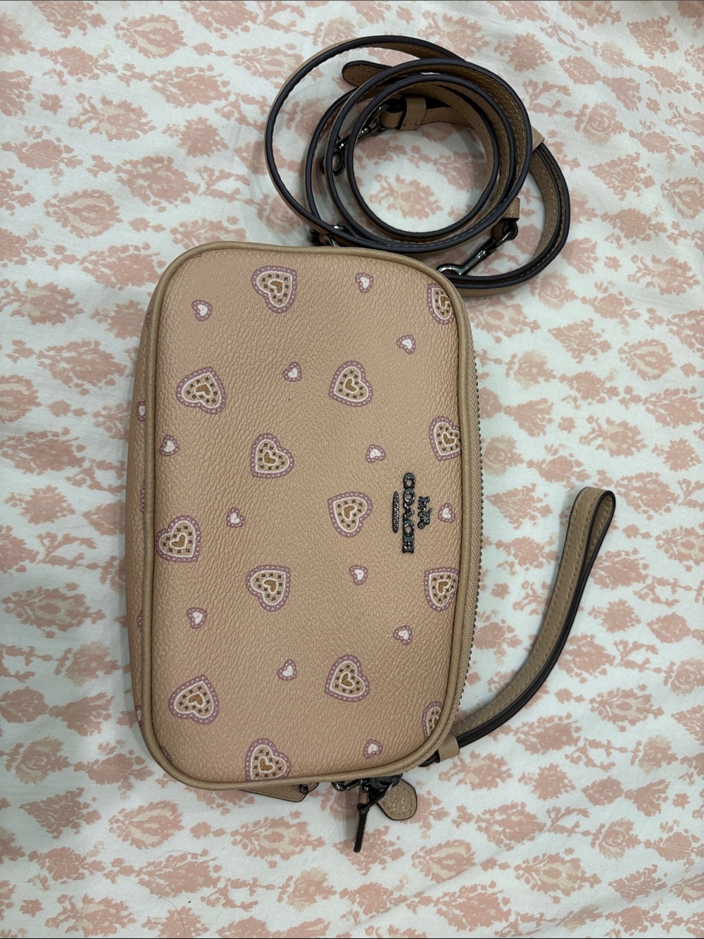 Coach Pink Beige Pebble Leather Heart Print Crossbody